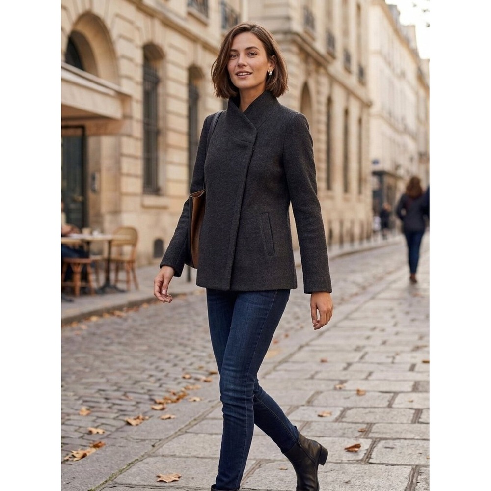 Kuna Charcoal Grey Wool Alpaca Asymmetrical Funnel Neck Wrap Jacket Medium‎
